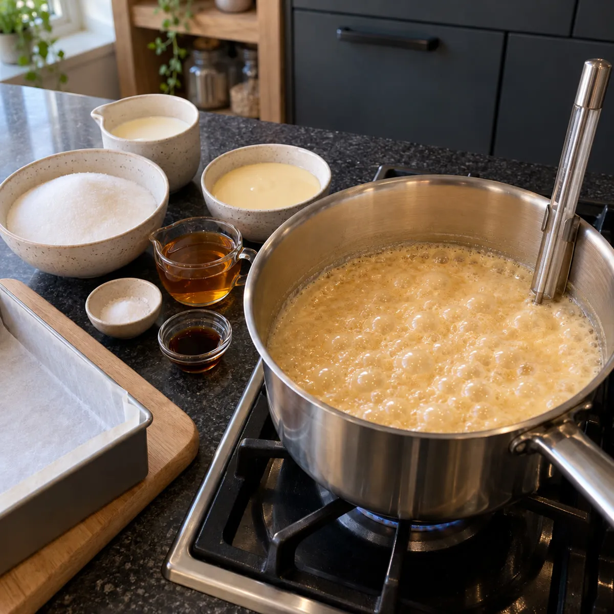 Boil to soft ball stage