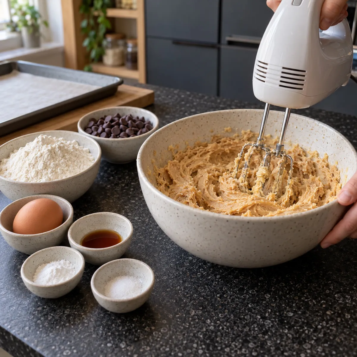 Cream the butter, peanut butter and sugars