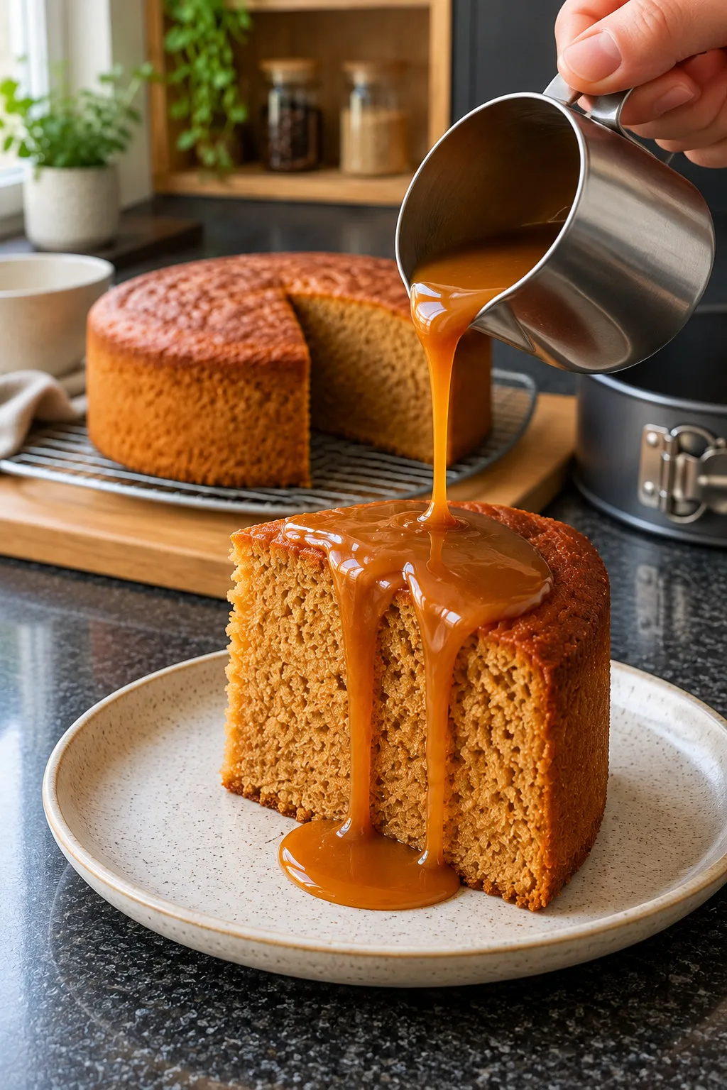A slice of tall coffee sponge cake on a speckled stoneware plate with warm salted caramel sauce pouring over the crumb.