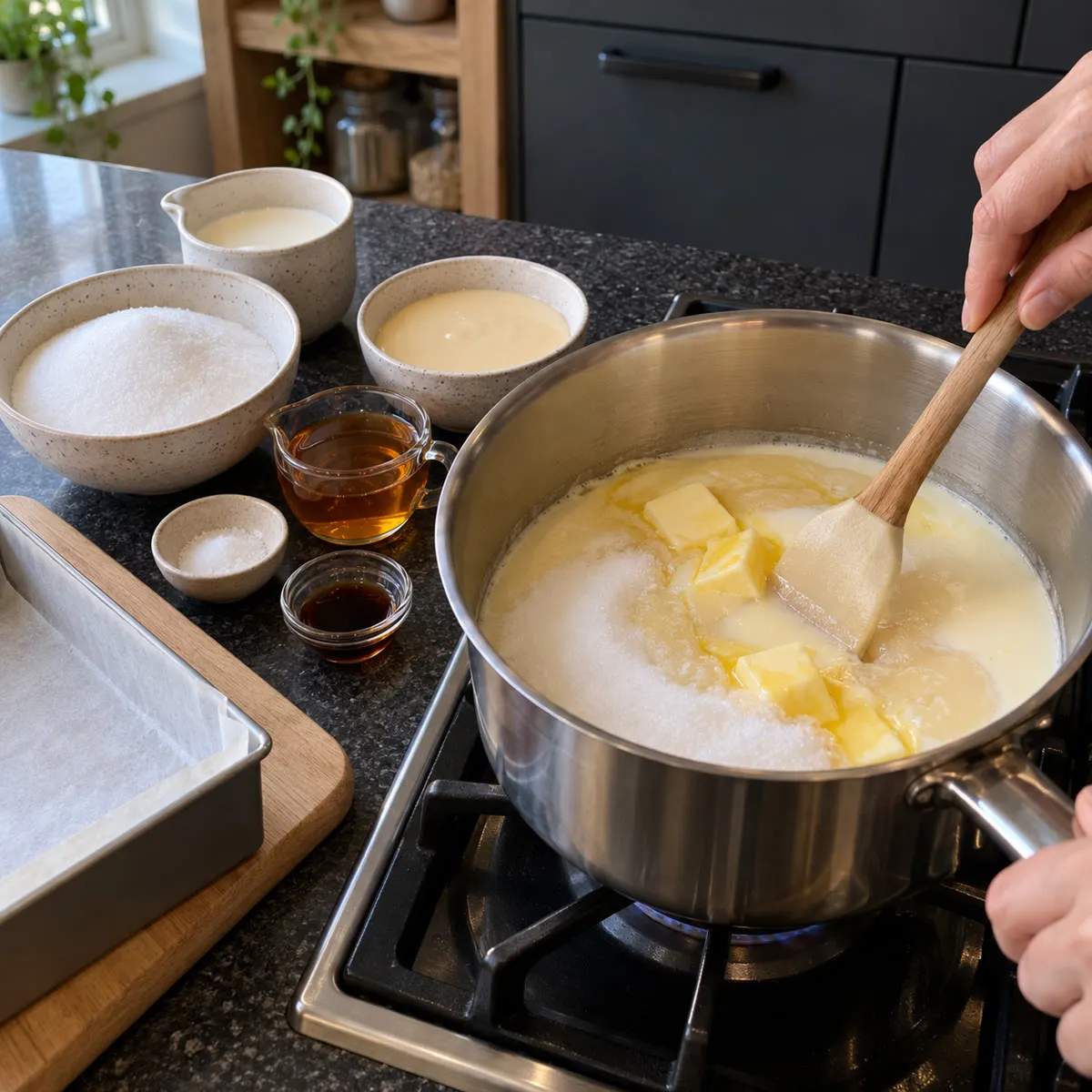 Melt the butter and dissolve the sugar