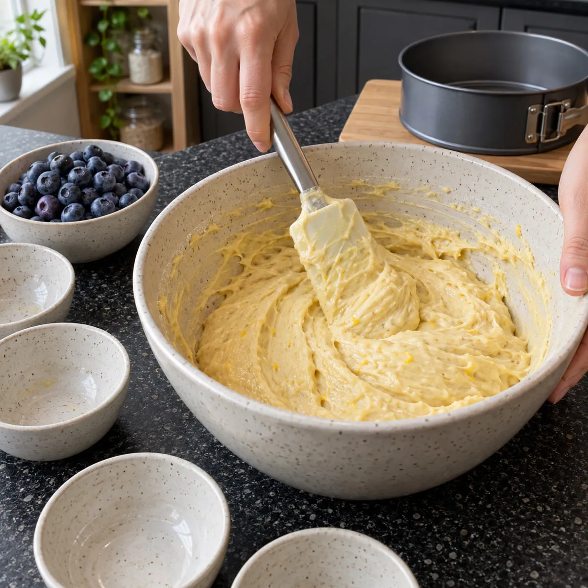 Fold in the flour and blueberries