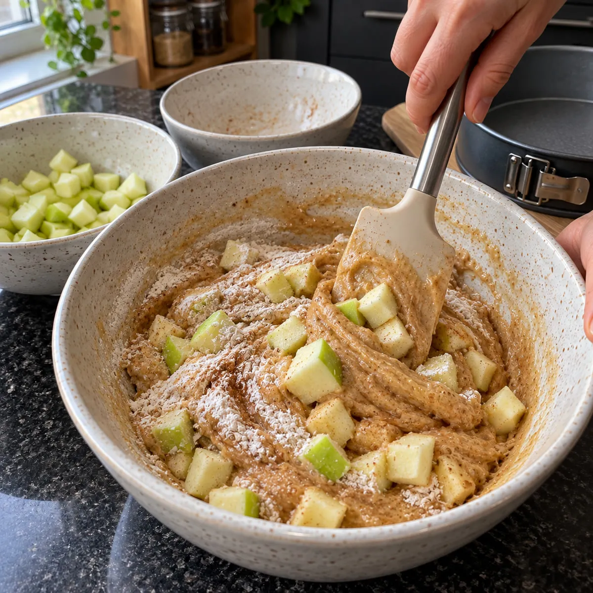 Fold in the flour and apples