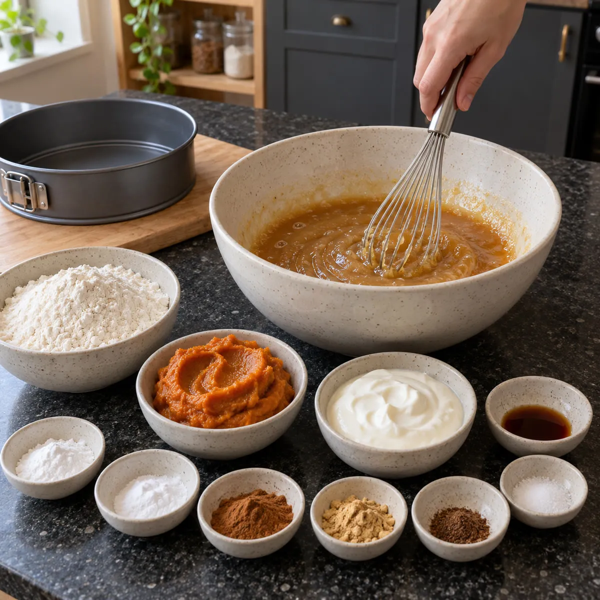 Whisk the eggs, sugars and oil