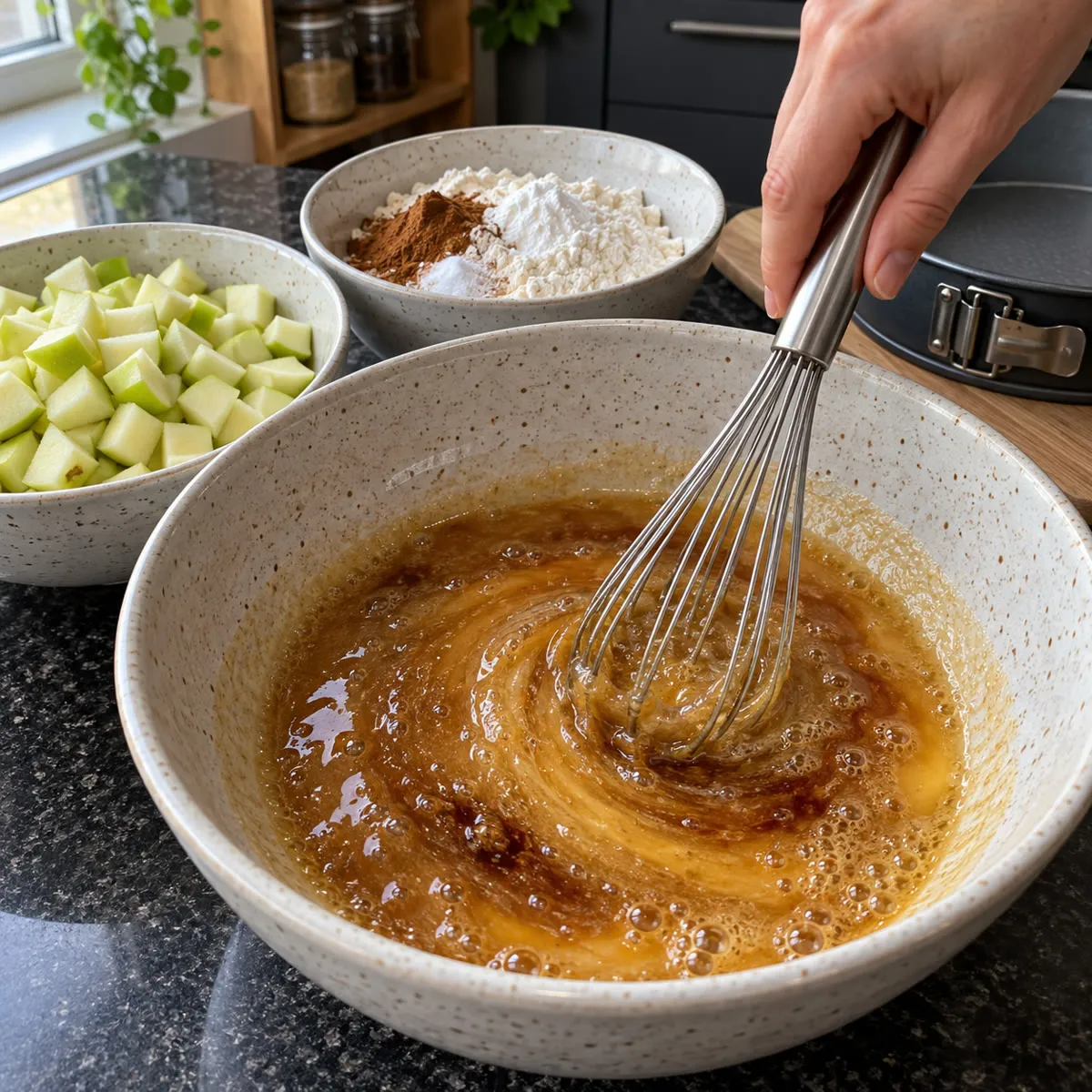 Whisk the eggs, sugar and oil