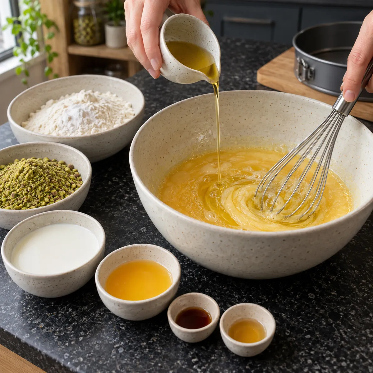 Whisk the eggs, sugar and oil